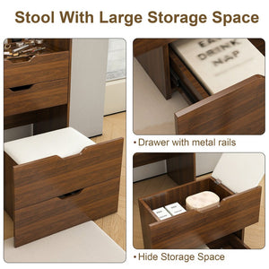 English Elm 3-In-1 Walnut Vanity Desk with Lighted Flip Mirror Storage Stool Bedroom W2699P478792