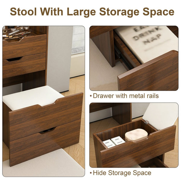 English Elm 3-In-1 Walnut Vanity Desk with Lighted Flip Mirror Storage Stool Bedroom W2699P478792