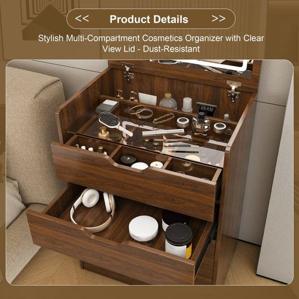 English Elm 3-In-1 Walnut Vanity Desk with Lighted Flip Mirror Storage Stool Bedroom W2699P478792