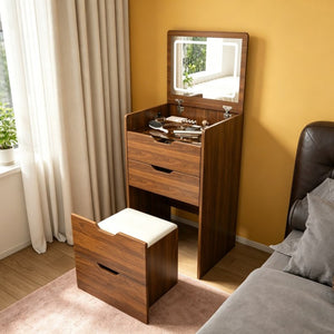 English Elm 3-in-1 Walnut Vanity Desk with Led Mirror Stool Compact Bedroom Dressing Station W2699P478802