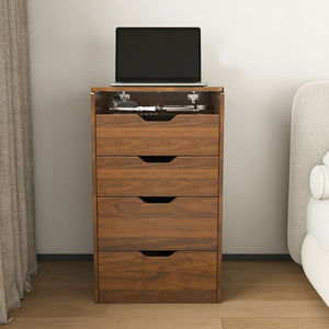 English Elm 3-in-1 Walnut Vanity Desk with Led Mirror Stool Compact Bedroom Dressing Station W2699P478802