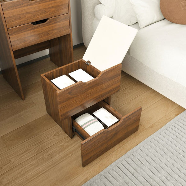 English Elm 3-in-1 Walnut Vanity Desk with Led Mirror Stool Compact Bedroom Dressing Station W2699P478802