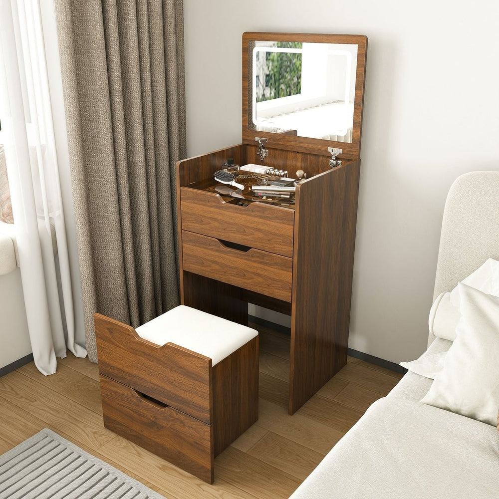 English Elm 3-in-1 Walnut Vanity Desk with Led Mirror Stool Compact Bedroom Dressing Station W2699P478802
