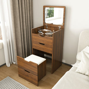 English Elm 3-in-1 Walnut Vanity Desk with Led Mirror Stool Compact Bedroom Dressing Station W2699P478802