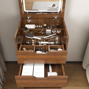 English Elm 3-in-1 Walnut Vanity Desk with Led Mirror Stool Compact Bedroom Dressing Station W2699P478802