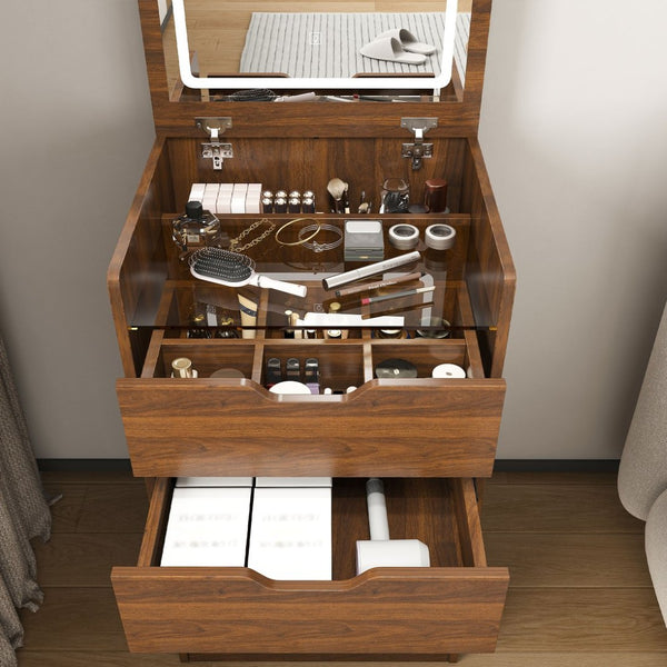 English Elm 3-in-1 Walnut Vanity Desk with Led Mirror Stool Compact Bedroom Dressing Station W2699P478802
