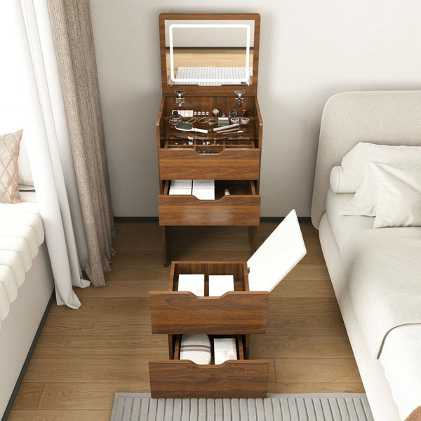 English Elm 3-in-1 Walnut Vanity Desk with Led Mirror Stool Compact Bedroom Dressing Station W2699P478802