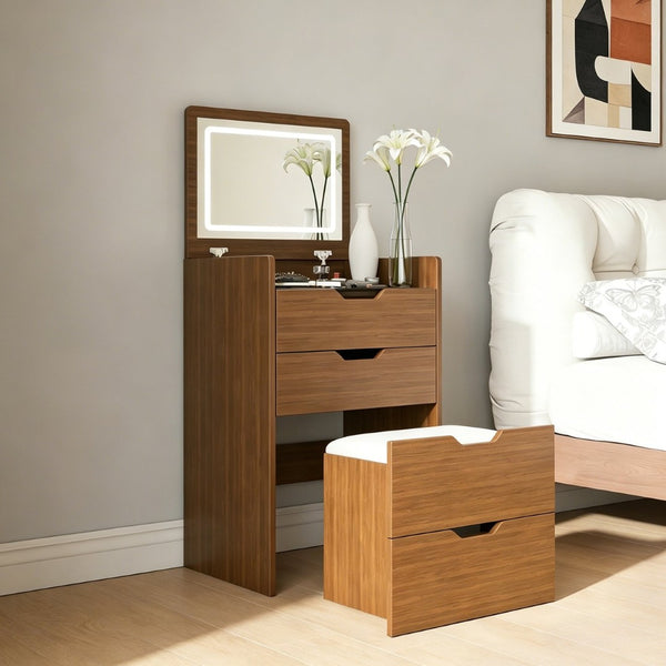 English Elm 3-in-1 Walnut Vanity Desk with Led Mirror Stool Compact Bedroom Dressing Station W2699P478802
