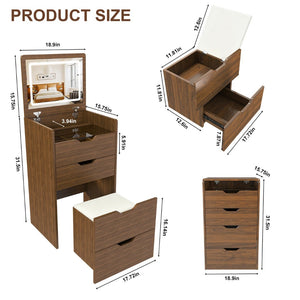 English Elm 3-in-1 Walnut Vanity Desk with Led Mirror Stool Compact Bedroom Dressing Station W2699P478802