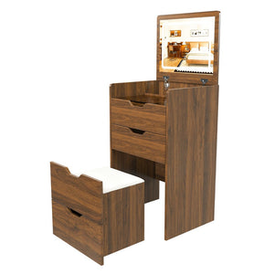 English Elm 3-in-1 Walnut Vanity Desk with Led Mirror Stool Compact Bedroom Dressing Station W2699P478802
