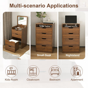 English Elm 3-in-1 Walnut Vanity Desk with Led Mirror Stool Compact Bedroom Dressing Station W2699P478802