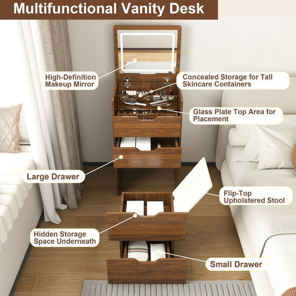 English Elm 3-in-1 Walnut Vanity Desk with Led Mirror Stool Compact Bedroom Dressing Station W2699P478802