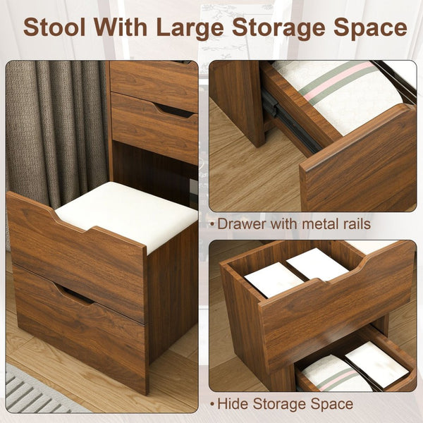 English Elm 3-in-1 Walnut Vanity Desk with Led Mirror Stool Compact Bedroom Dressing Station W2699P478802