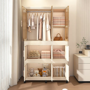 English Elm Portable Nine Cube Wardrobe Organizer with Hanging Rod Magnetic Doors and ABS Frame W2699P490445