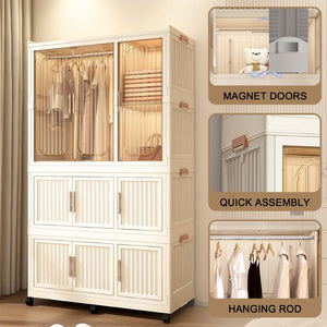 English Elm Portable Nine Cube Wardrobe Organizer with Hanging Rod Magnetic Doors and ABS Frame W2699P490445