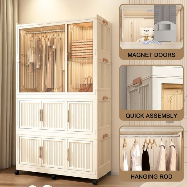 English Elm Portable Nine Cube Wardrobe Organizer with Hanging Rod Magnetic Doors and ABS Frame W2699P490445