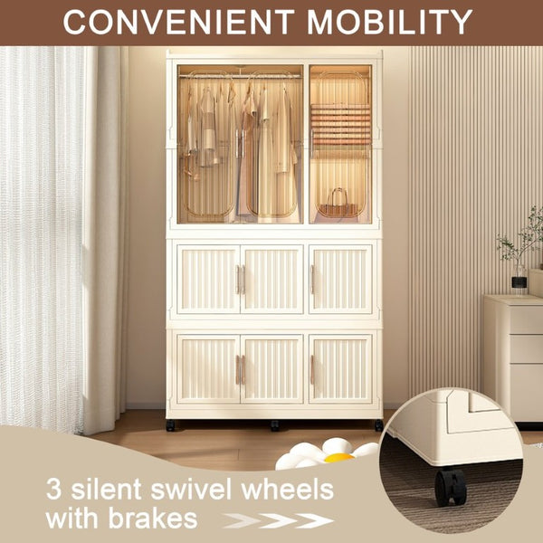 English Elm Portable Nine Cube Wardrobe Organizer with Hanging Rod Magnetic Doors and ABS Frame W2699P490445
