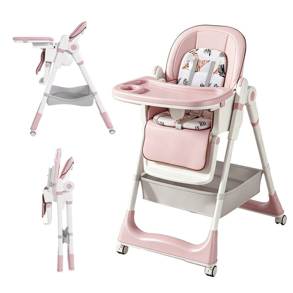 English Elm Adjustable Baby High Chair Foldable Toddler Feeding Seat with Steel Frame Safety Harness W2699P490446