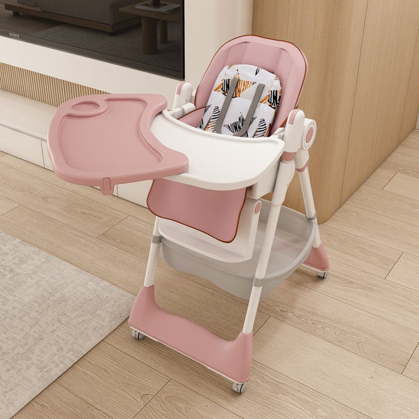 English Elm Adjustable Baby High Chair Foldable Toddler Feeding Seat with Steel Frame Safety Harness W2699P490446