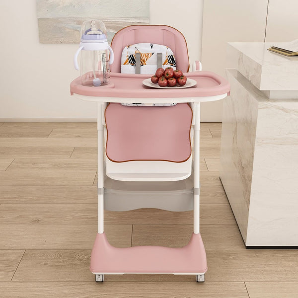 English Elm Adjustable Baby High Chair Foldable Toddler Feeding Seat with Steel Frame Safety Harness W2699P490446