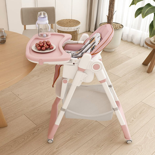 English Elm Adjustable Baby High Chair Foldable Toddler Feeding Seat with Steel Frame Safety Harness W2699P490446