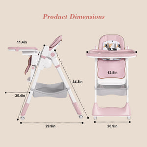 English Elm Adjustable Baby High Chair Foldable Toddler Feeding Seat with Steel Frame Safety Harness W2699P490446