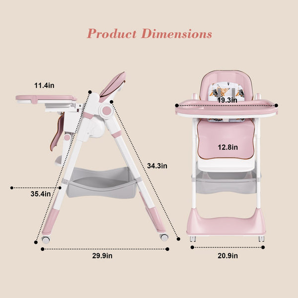 English Elm Adjustable Baby High Chair Foldable Toddler Feeding Seat with Steel Frame Safety Harness W2699P490446