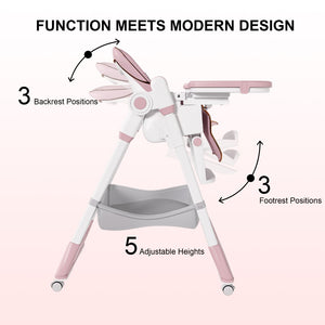 English Elm Adjustable Baby High Chair Foldable Toddler Feeding Seat with Steel Frame Safety Harness W2699P490446