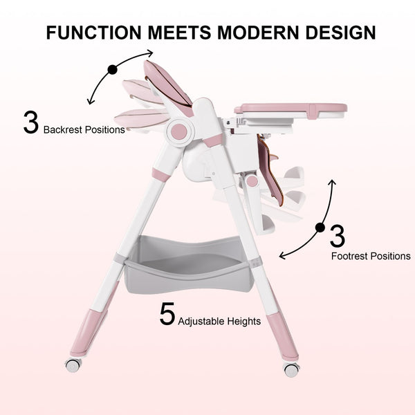 English Elm Adjustable Baby High Chair Foldable Toddler Feeding Seat with Steel Frame Safety Harness W2699P490446