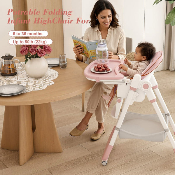 English Elm Adjustable Baby High Chair Foldable Toddler Feeding Seat with Steel Frame Safety Harness W2699P490446