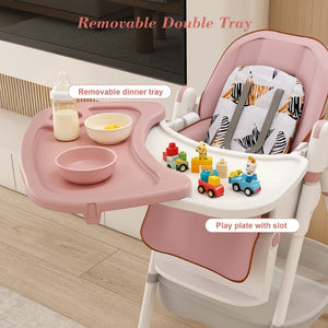 English Elm Adjustable Baby High Chair Foldable Toddler Feeding Seat with Steel Frame Safety Harness W2699P490446