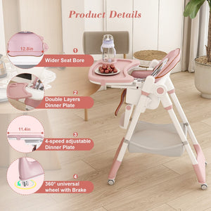 English Elm Adjustable Baby High Chair Foldable Toddler Feeding Seat with Steel Frame Safety Harness W2699P490446