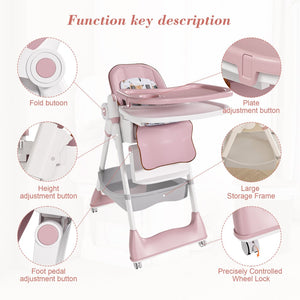 English Elm Adjustable Baby High Chair Foldable Toddler Feeding Seat with Steel Frame Safety Harness W2699P490446