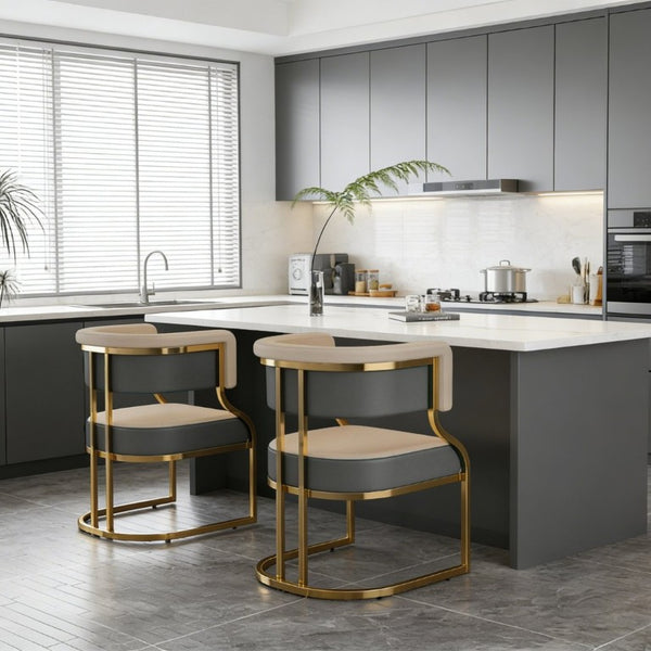 English Elm Modern Gold Frame PU Leather Dining Chairs Ergonomic Curved Back Set of 2 for Kitchen Grey, Neutral W2699P504765
