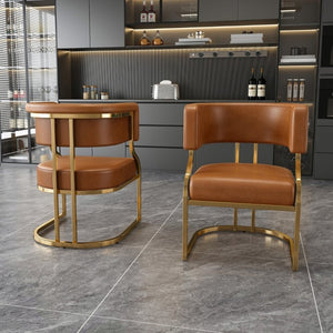 English Elm Modern Gold Frame PU Leather Dining Chairs Ergonomic Curved Back Set of 2 for Kitchen Brown W2699P504766