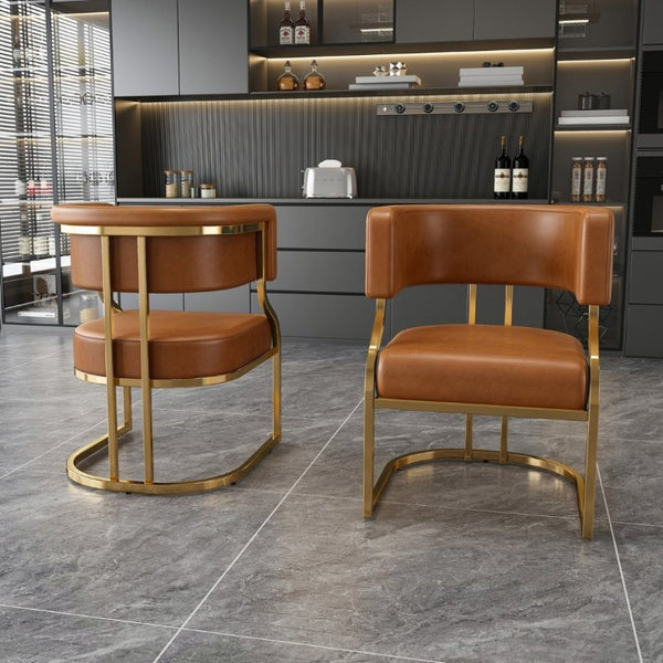 English Elm Modern Gold Frame PU Leather Dining Chairs Ergonomic Curved Back Set of 2 for Kitchen Brown W2699P504766