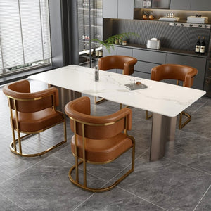 English Elm Modern Gold Frame PU Leather Dining Chairs Ergonomic Curved Back Set of 2 for Kitchen Brown W2699P504766
