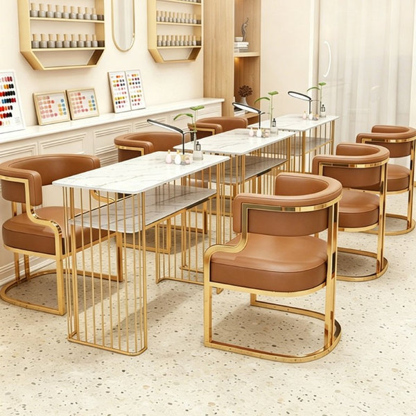 English Elm Modern Gold Frame PU Leather Dining Chairs Ergonomic Curved Back Set of 2 for Kitchen Brown W2699P504766
