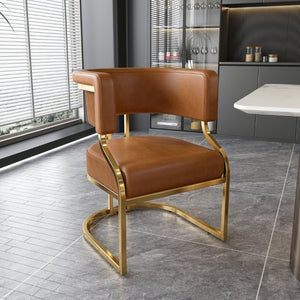 English Elm Modern Gold Frame PU Leather Dining Chairs Ergonomic Curved Back Set of 2 for Kitchen Brown W2699P504766