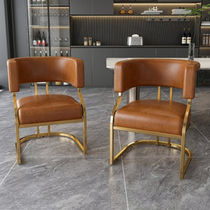 English Elm Modern Gold Frame PU Leather Dining Chairs Ergonomic Curved Back Set of 2 for Kitchen Brown W2699P504766