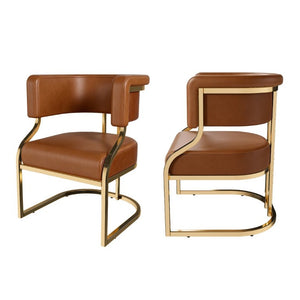 English Elm Modern Gold Frame PU Leather Dining Chairs Ergonomic Curved Back Set of 2 for Kitchen Brown W2699P504766