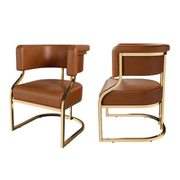 English Elm Modern Gold Frame PU Leather Dining Chairs Ergonomic Curved Back Set of 2 for Kitchen Brown W2699P504766