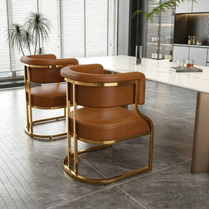 English Elm Modern Gold Frame PU Leather Dining Chairs Ergonomic Curved Back Set of 2 for Kitchen Brown W2699P504766
