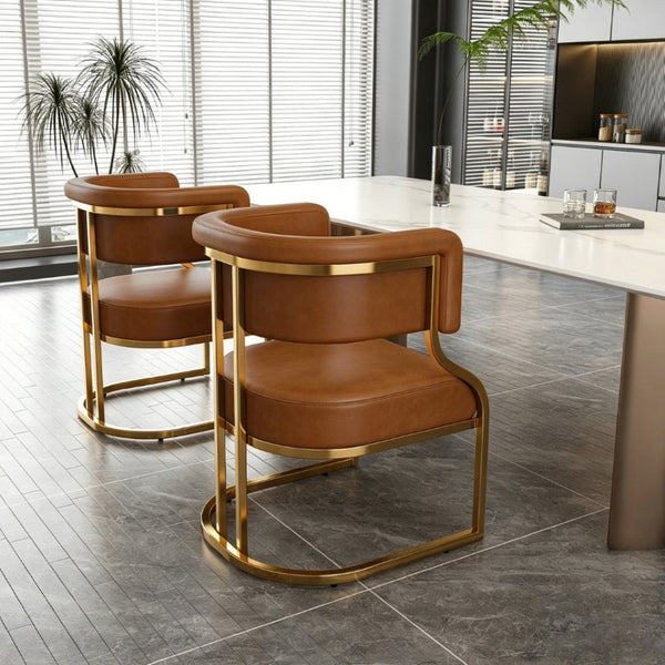 English Elm Modern Gold Frame PU Leather Dining Chairs Ergonomic Curved Back Set of 2 for Kitchen Brown W2699P504766