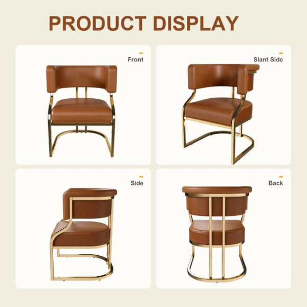 English Elm Modern Gold Frame PU Leather Dining Chairs Ergonomic Curved Back Set of 2 for Kitchen Brown W2699P504766