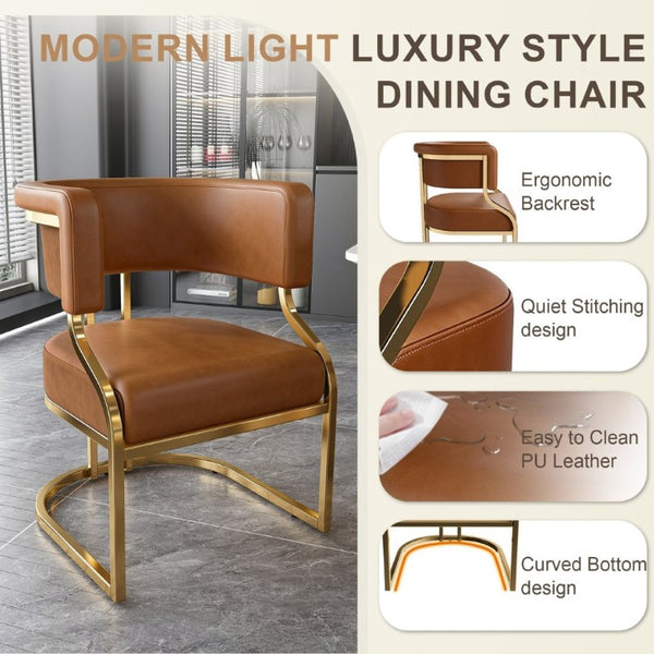 English Elm Modern Gold Frame PU Leather Dining Chairs Ergonomic Curved Back Set of 2 for Kitchen Brown W2699P504766