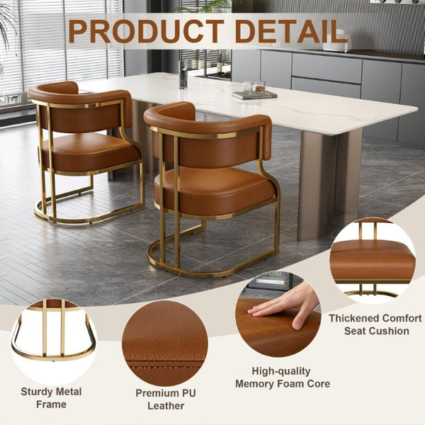 English Elm Modern Gold Frame PU Leather Dining Chairs Ergonomic Curved Back Set of 2 for Kitchen Brown W2699P504766