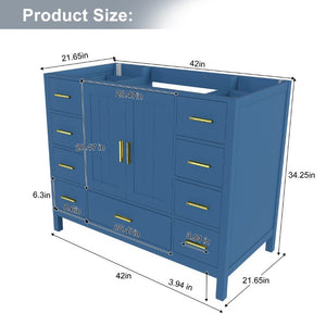 English Elm 42 Inch Bathroom Vanity Base with 9 Smooth Drawers Soft Close Doors Blue Gold Hardware W2699P516449