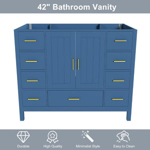 English Elm 42 Inch Bathroom Vanity Base with 9 Smooth Drawers Soft Close Doors Blue Gold Hardware W2699P516449