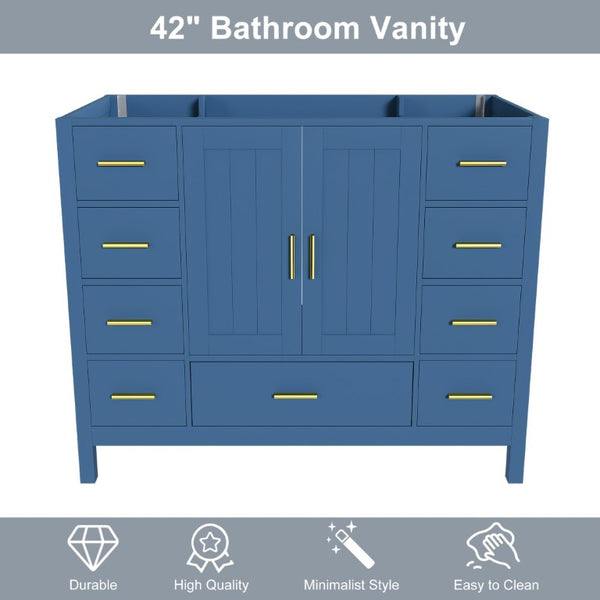 English Elm 42 Inch Bathroom Vanity Base with 9 Smooth Drawers Soft Close Doors Blue Gold Hardware W2699P516449